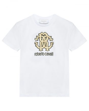 Футболка с золотым лого, белая Roberto Cavalli